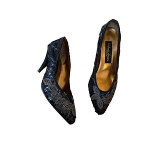 Vintage 80s Valenti Franco Beaded Sequin Heels Black Evening Party Shoes Size 7